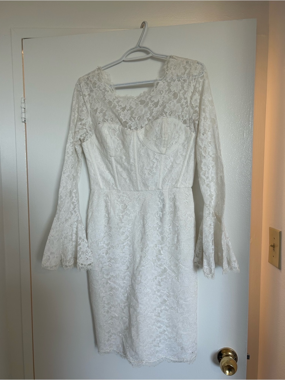 BCBGMaxAzria White Lace Long Sleeve Sheath Dress
